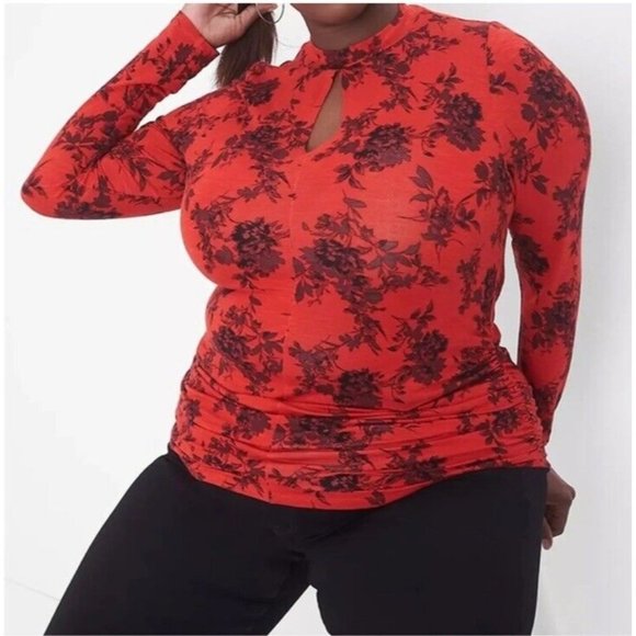 Lane Bryant Red Floral Fitted Mock Neck Keyhole Ruched Stretch Blouse Size 22/24 - Picture 5 of 11